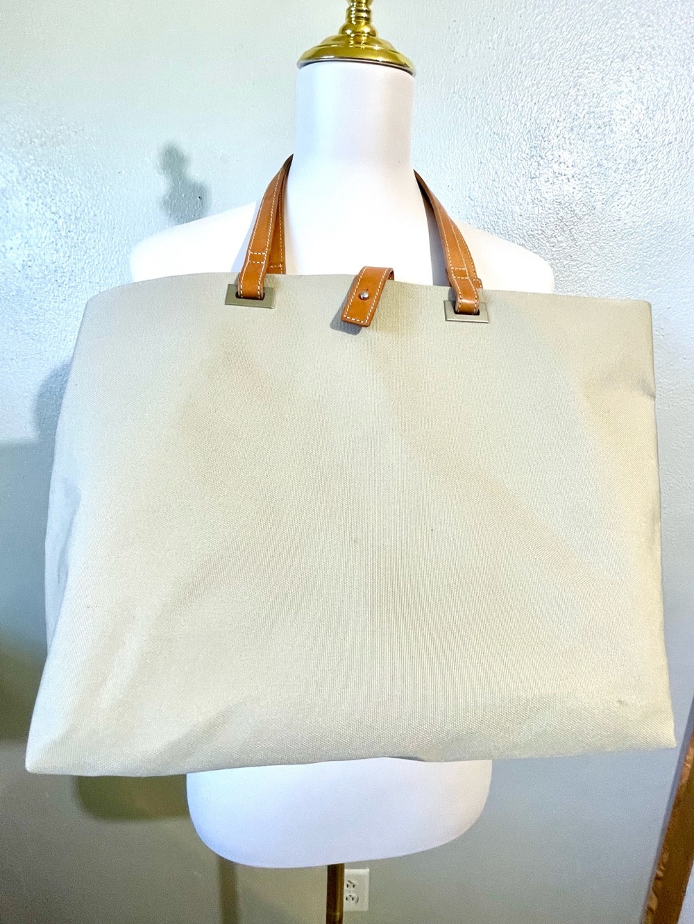 Lands End Nylon Tote Bag Beige Brown Handles Travel Beach Carryall Shopper Purse